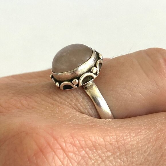 Sterling Silver 925 Round Bezel Set Rose Quartz Cabochon Band Ring Size 6 - Picture 3 of 16